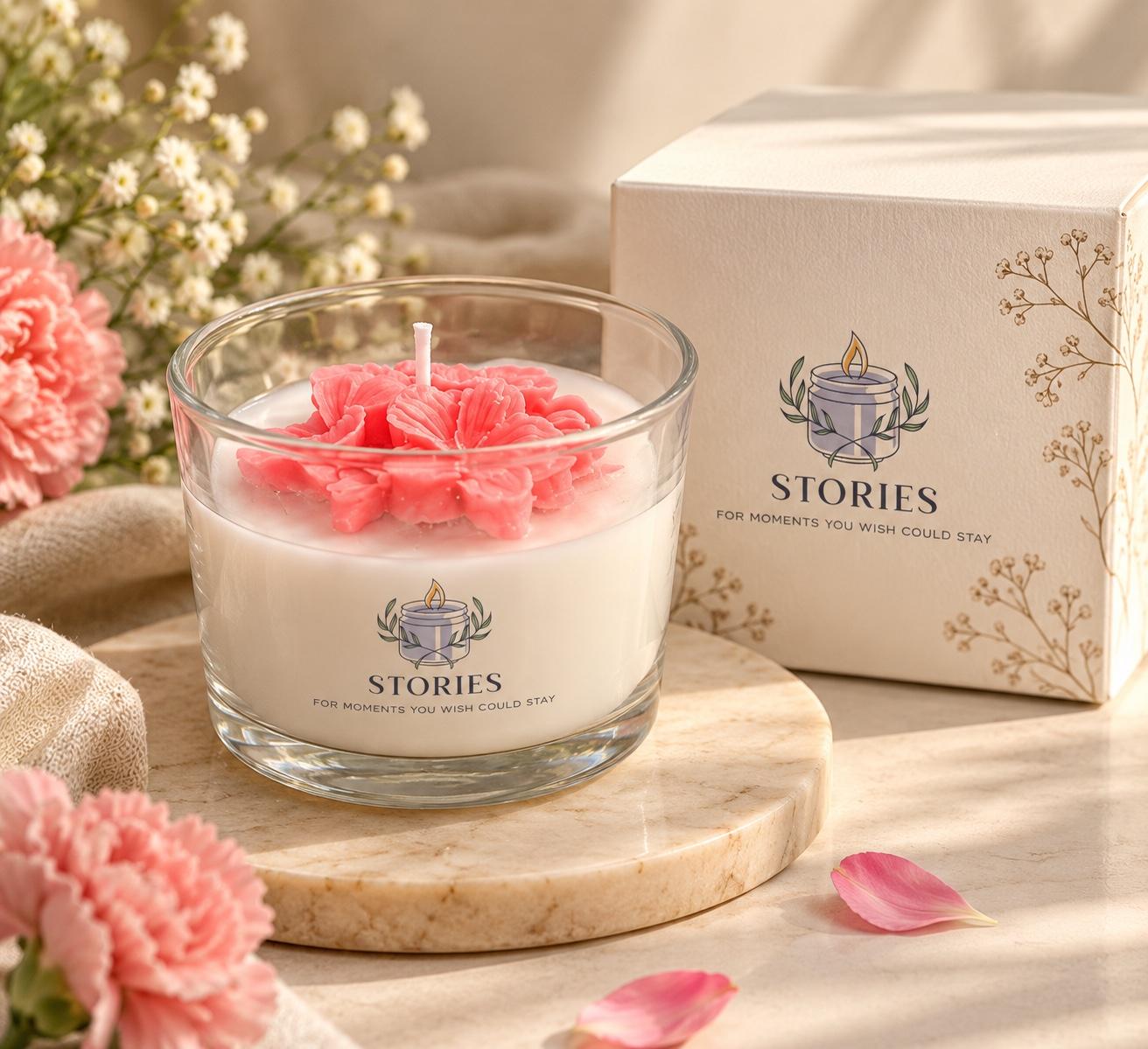 Stories candle in a glass jar with a pink wax flower on top, beside its gift box