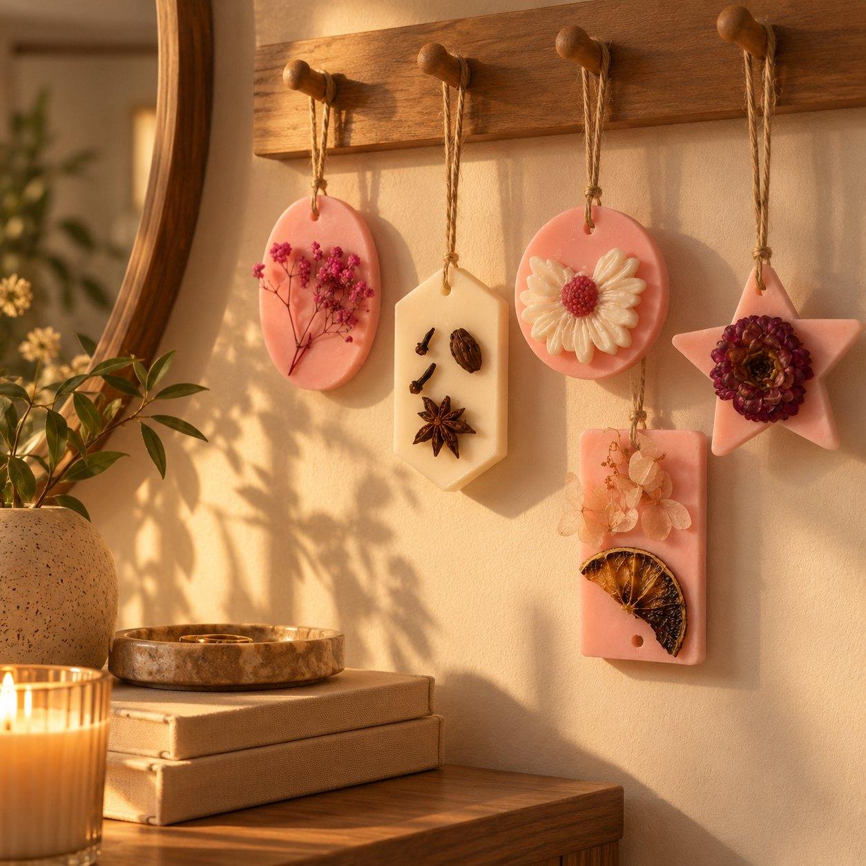 Pink and cream scented wax sachets with dried flowers and spices, hanging from wooden pegs on a wall