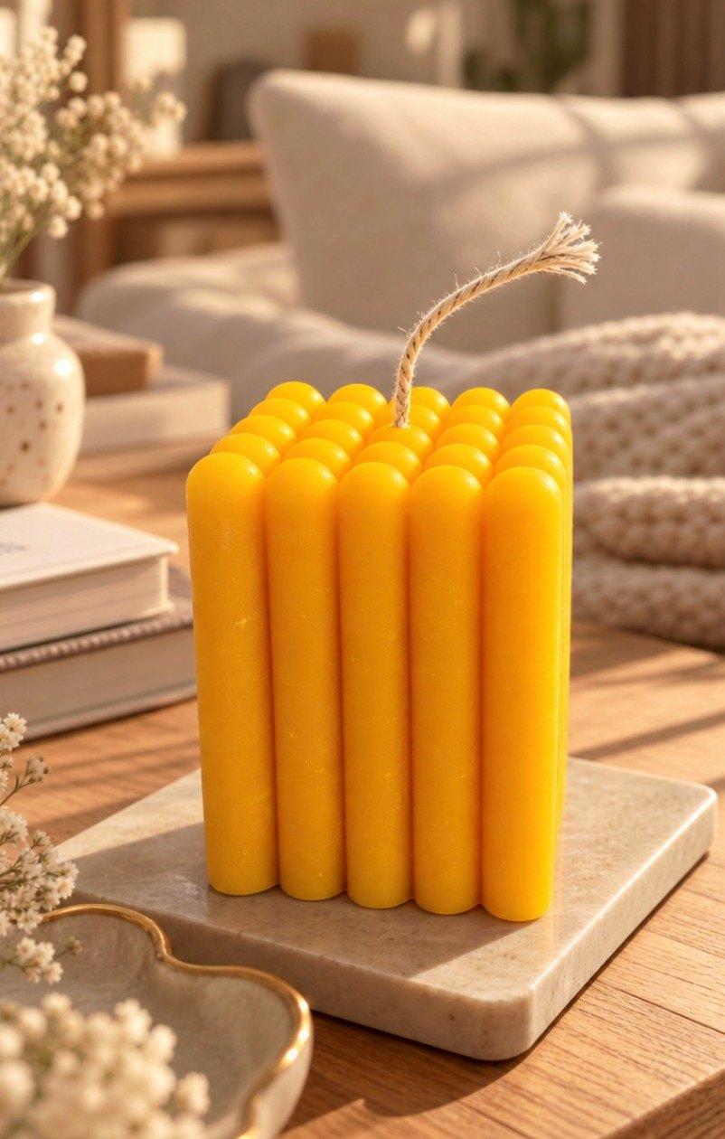 Bubble Cube Candle: a yellow square candle of rounded ribs on a stone tray