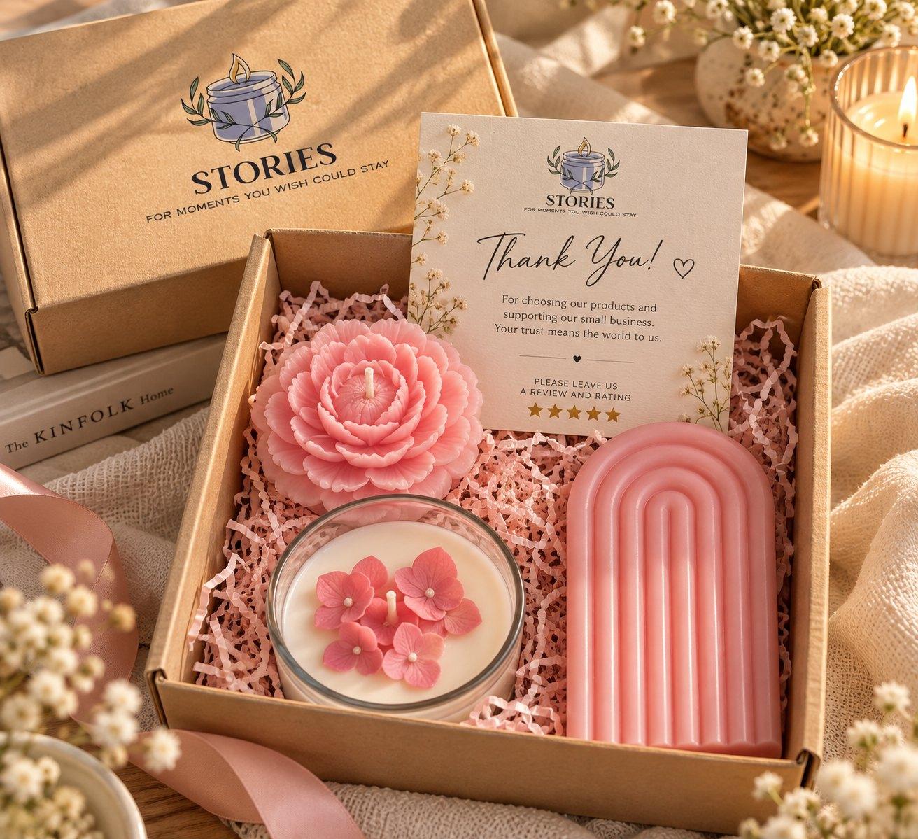 Stories gift box with peony, flower jar and arch candles, beside a Stories-branded box