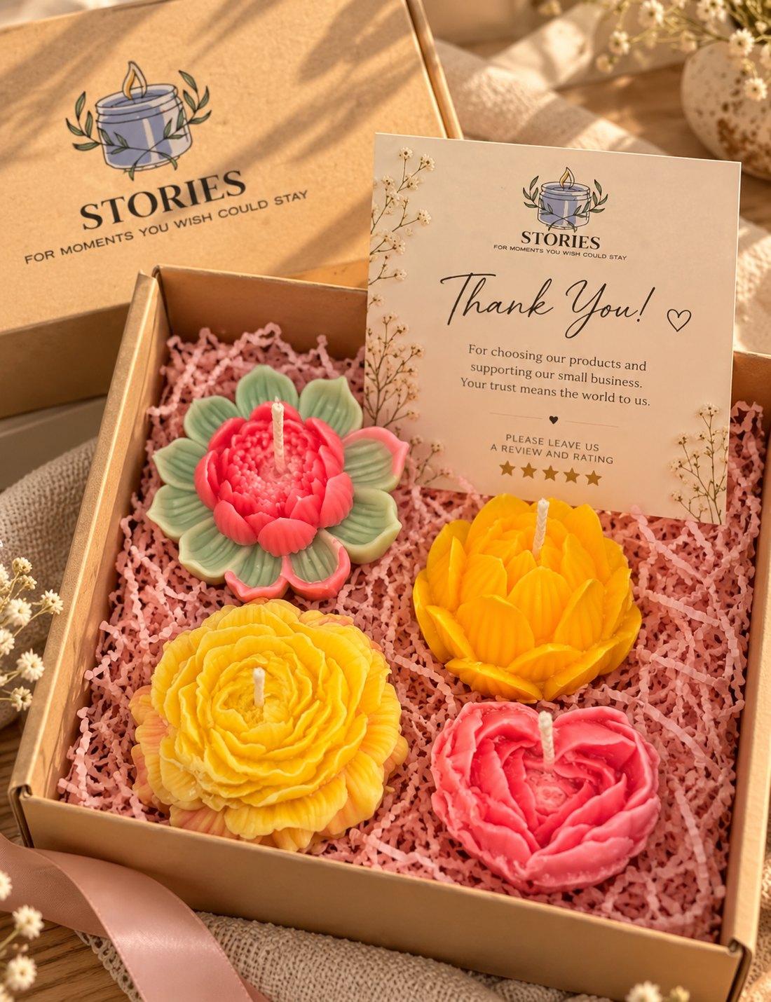 Floral Gift Set: a Stories gift box with four flower candles, a pink lotus, a yellow lotus, a yellow peony and a pink heart rose, beside a thank-you card