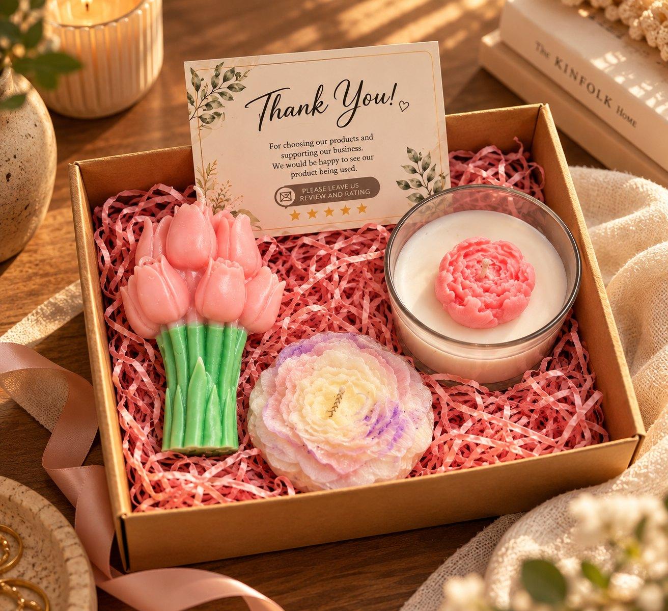Tulip gift box with a tulip bouquet candle, a flower candle and a jar candle in pink paper shred, with a thank-you card