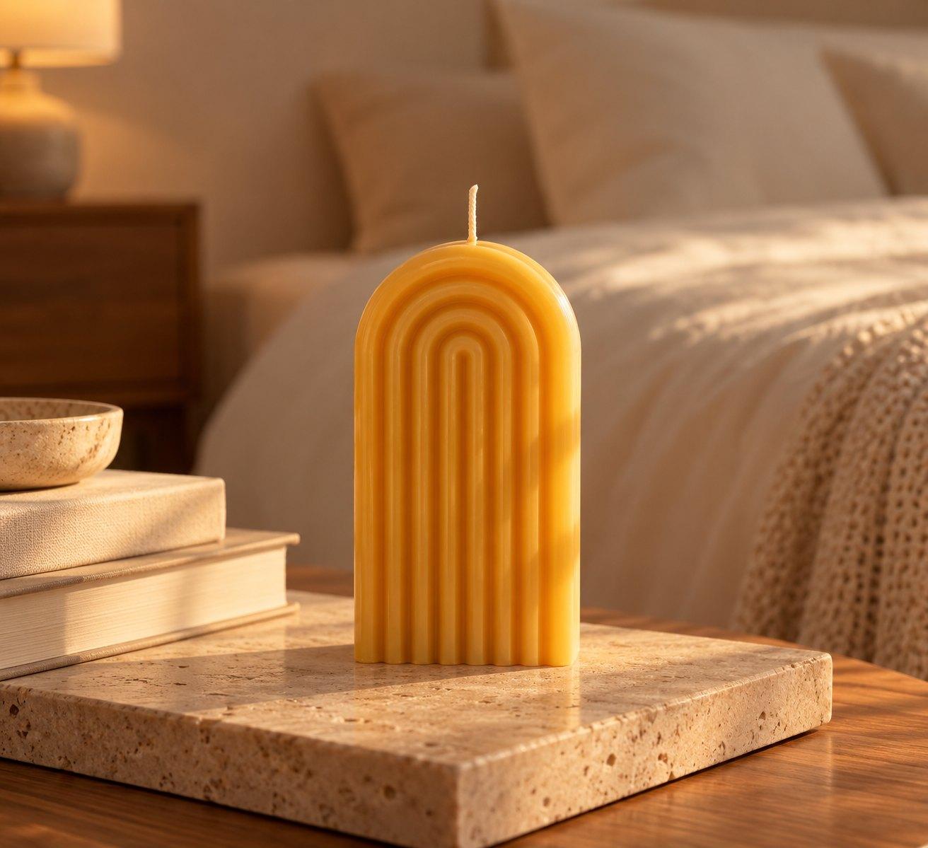 A honey-yellow ribbed arch candle on a stone tray beside a bed