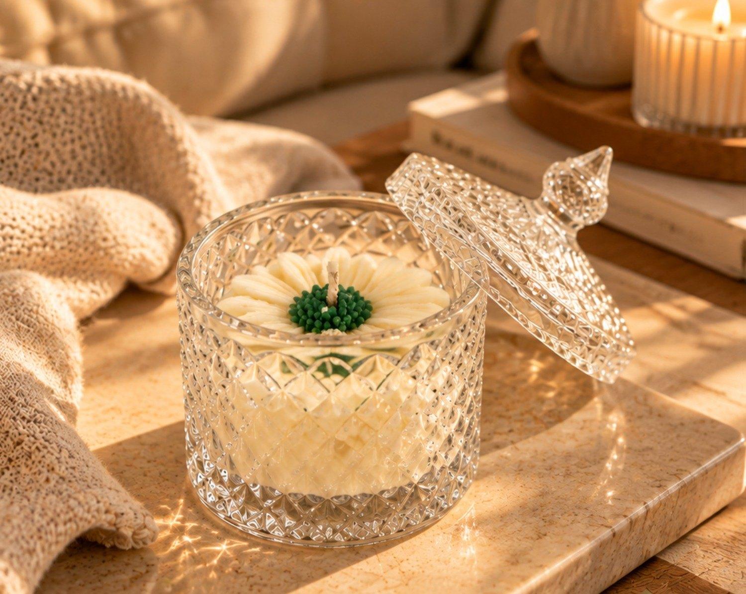 Vanilla Jar Candle in a cut-glass jar, lid open, in warm afternoon light